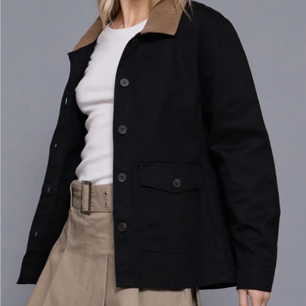 Women's Black Barn Jacket with Tan Camel Corduroy Collar